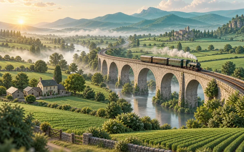 Original railway landscape illustration for the Rail Nation catalogue entry