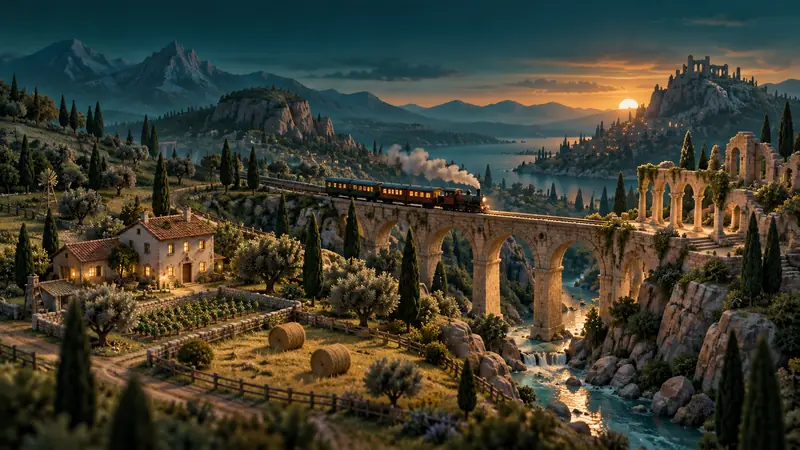 An imagined miniature game world with a railway, farmland and ancient ruins