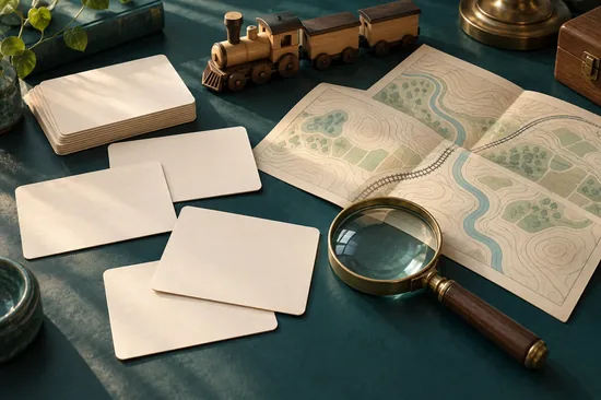 A magnifying glass, blank catalogue cards and a wooden train on a map