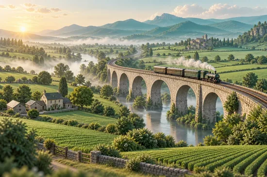 A quiet railway viaduct crossing sunlit green farmland